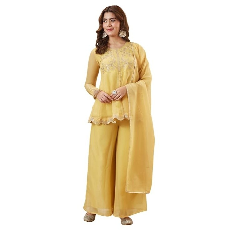 Women's Silk Embroidered Peplum Kurta Sharara with Dupatta