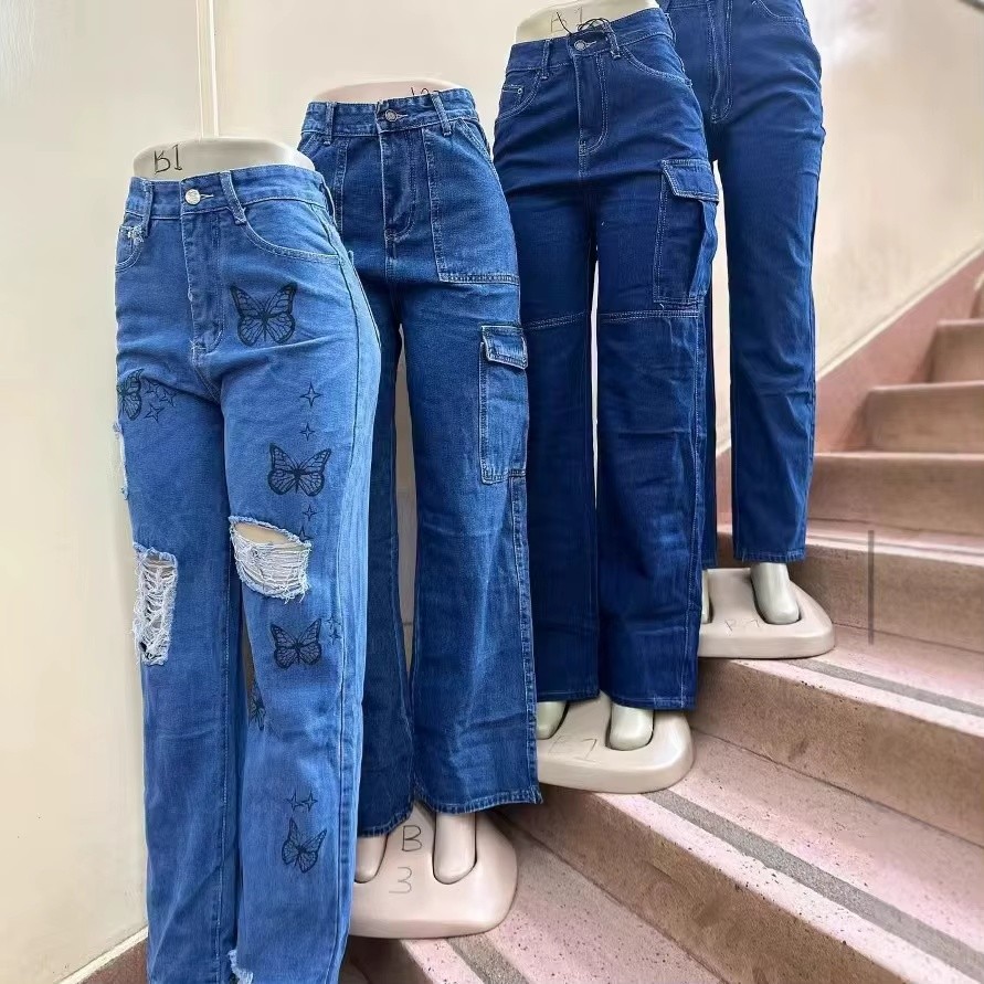 Women's Winter Mid Rise Loose Flared Cargo Jeans Denim Pants Quick Dry Spandex/Cotton American Style Retro thumbnail 6