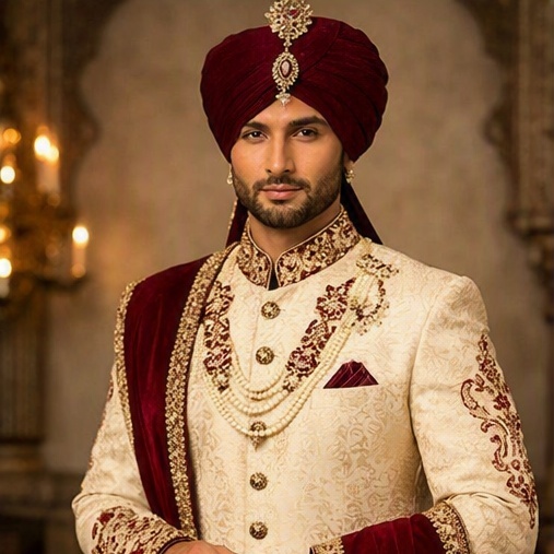 Sherwani (Cream & Maroon)