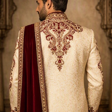 Sherwani (Cream & Maroon) thumbnail 2